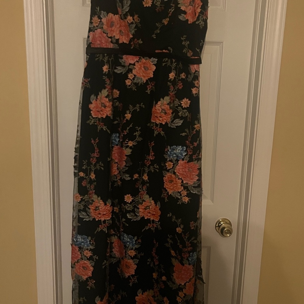 Source Unknown Black Maxi Dress with Coral and Blue Floral Print